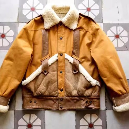 法国代购Jacket㊣ 古着收藏80年代帆布羊皮鸭绒棉飞行员外套夹克