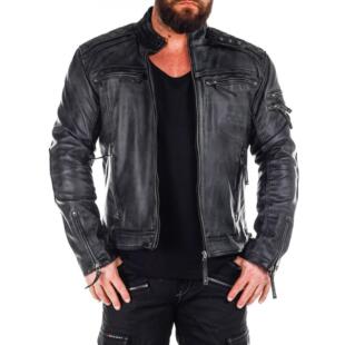 海外代购 Biker◇手作复古做旧黑色皮革拉链立领机车皮夹克皮衣