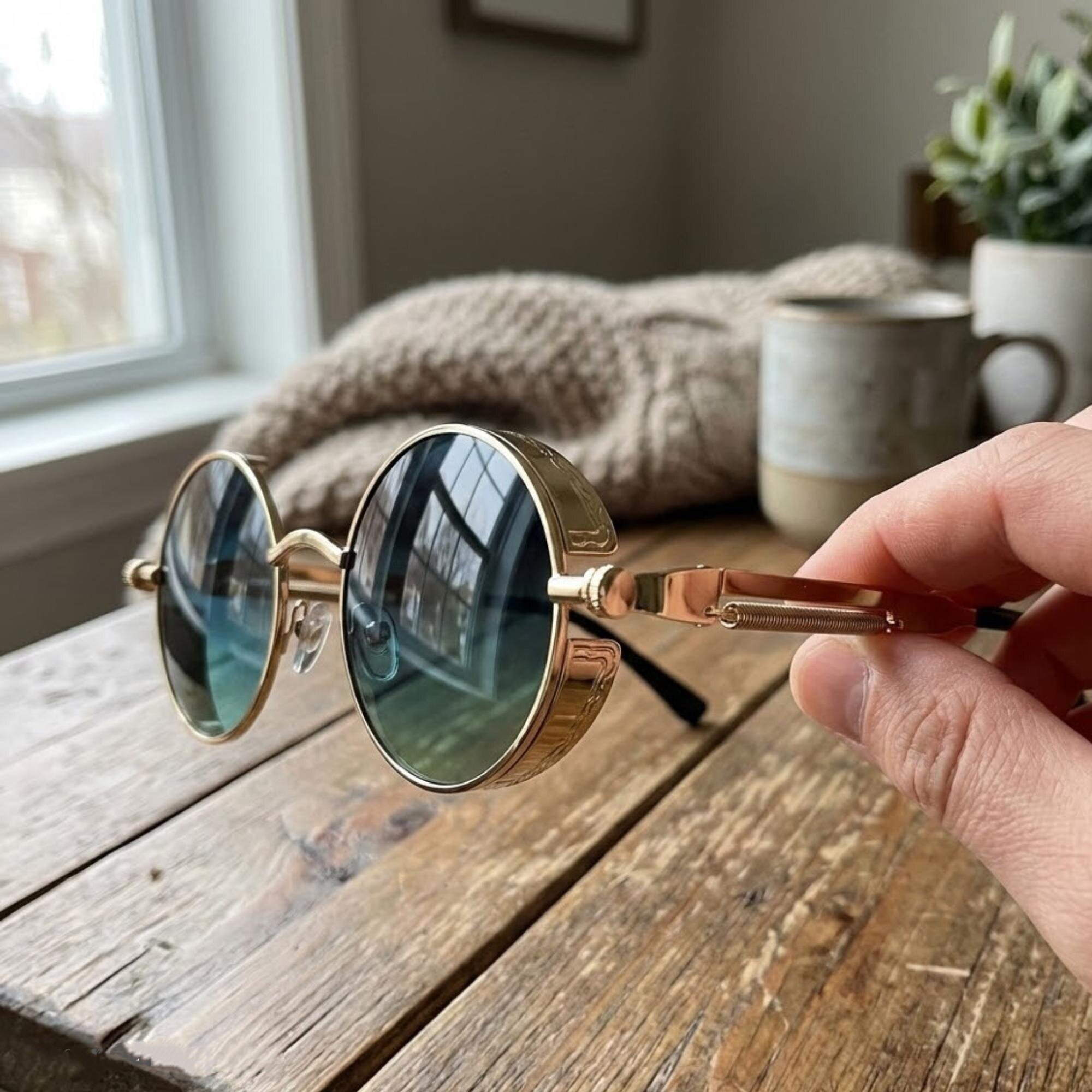 英国代购Round◇手作蒸汽朋克圆形蓝色渐变镜片金色框架太阳眼镜