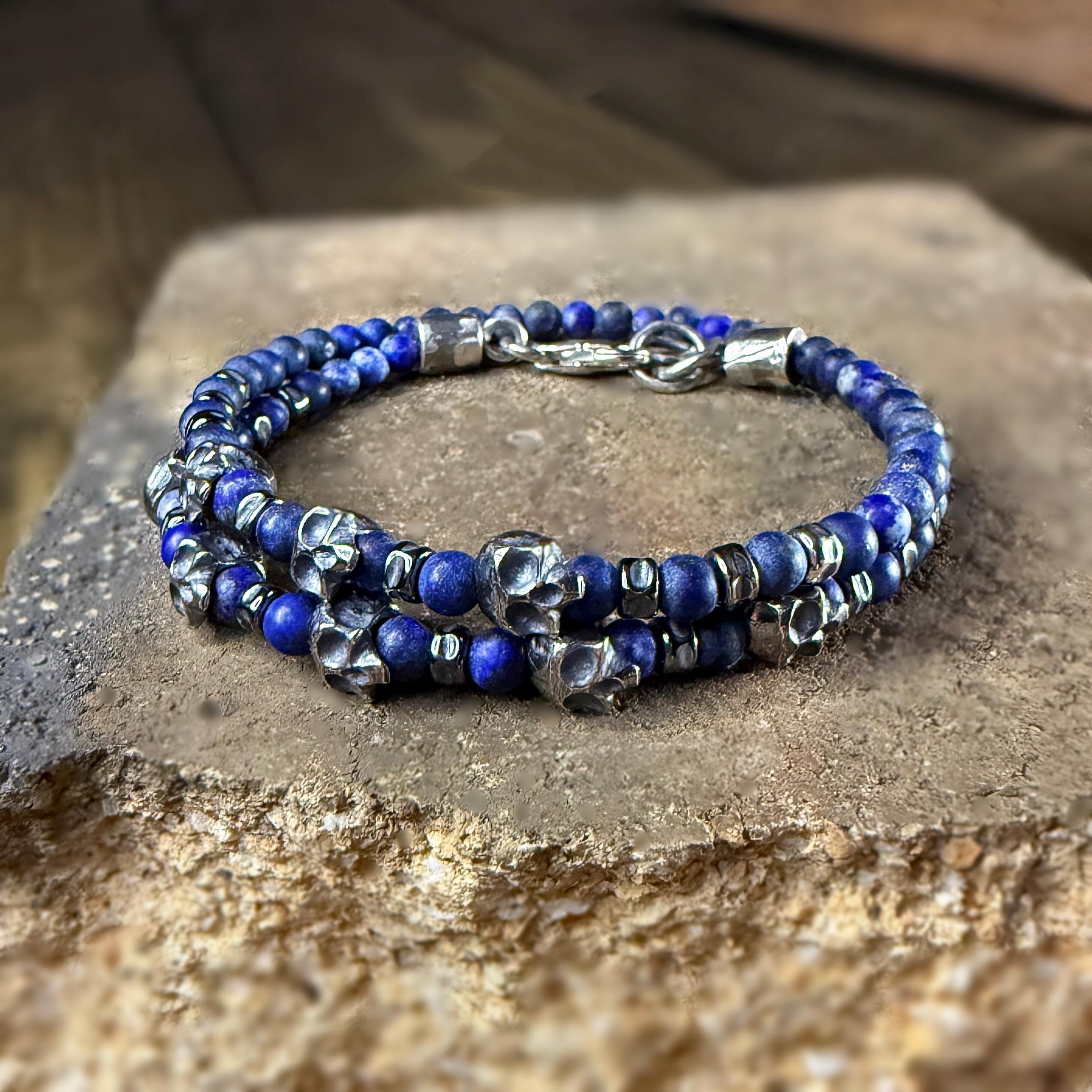 波兰代购Beaded◇手作复古蓝色青金石宝石骷髅串珠纯银叠戴手链