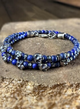 蓝色青金石宝石骷髅串珠纯银手链