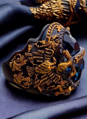 纯银镀金复古蓝色托帕石镶嵌戒指