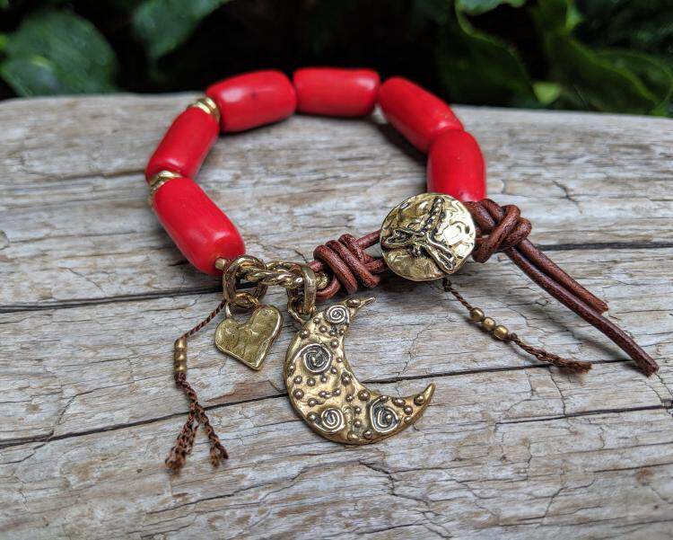 加拿大代购Moon◇手作华丽波西米亚红色宝石珠子新月蜻蜓心形手链