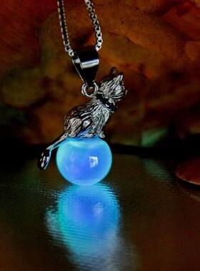 虹彩玻璃球纯银俏皮可爱猫咪项链