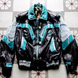 法国代购 古着收藏精致复古牛仔皮革拼接飞行员夹克皮衣 Leather㊣