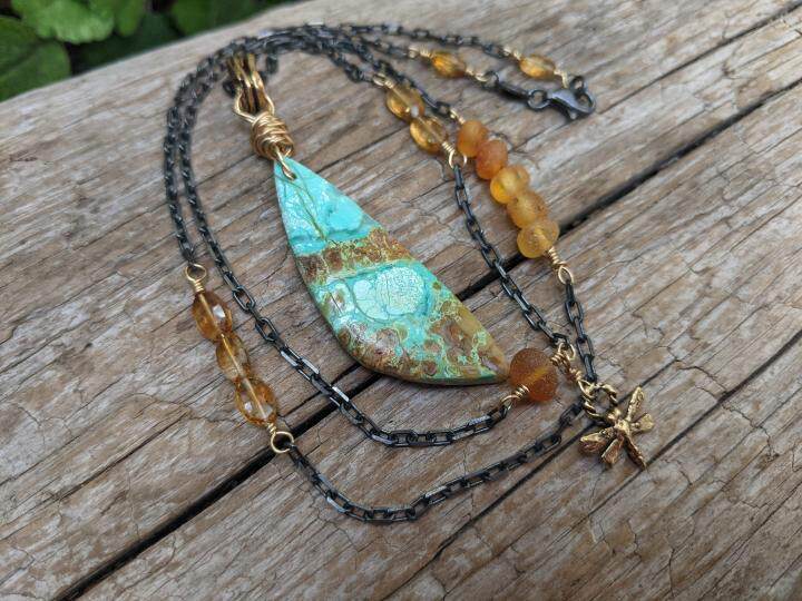 Citrine㊣加拿大代购 手作迷人仿古美丽绿玉髓珠子黄水晶串珠项链