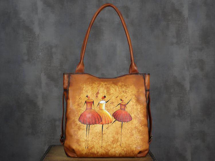 美国代购Handbag㊣ 手作趣味艺术个性化绘制复古皮革单肩手提包
