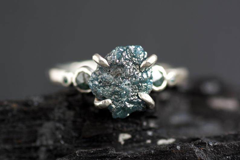 海外代购Rustic◇手作复古原始天然蓝色钻石宝石原石镶嵌订婚戒指