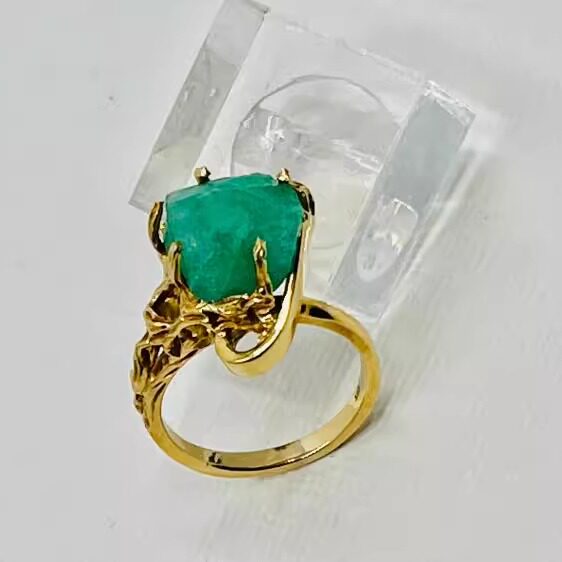 美国代购Emerald㊣ 古着收藏华丽天然祖母绿原石镶嵌18K黄金戒指