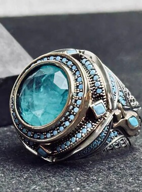 帕拉伊巴碧玺镶嵌纯银男士戒指