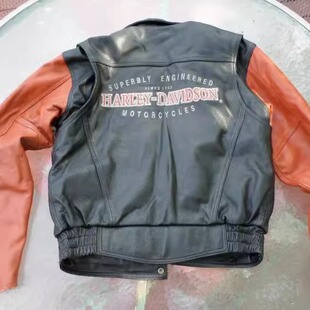 美国代购 古着收藏黑色橙色皮革拼接翻领机车夹克皮衣 Jacket㊣