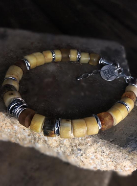 手作天然琥珀纯银圆盘串珠手链