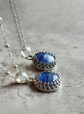 澳大利亚代购Kyanite◇手作圆形天然蓝色蓝晶石皇冠镶嵌纯银项链