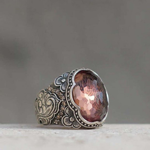 土耳其代购 手作华丽复古氧化纯银雕刻花卉镶嵌苏丹石戒指 Rings㊣