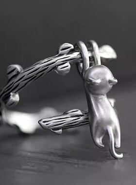 小猫咪攀爬镀银复古戒指树枝设计