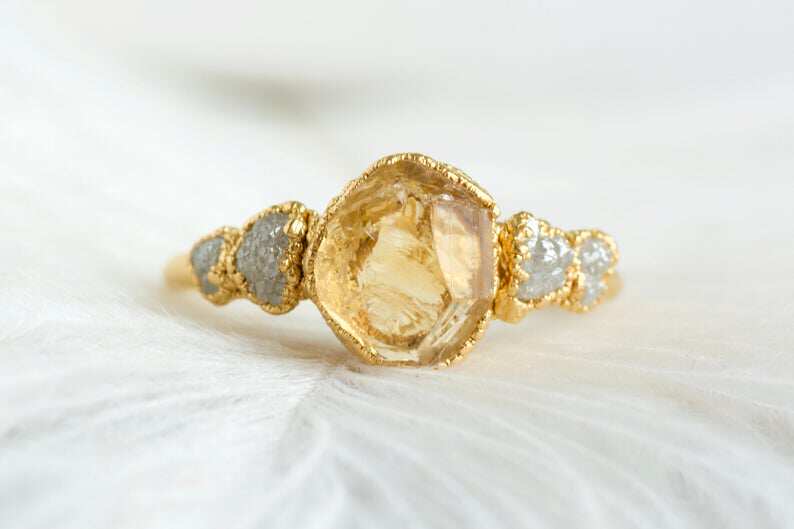 海外代购Citrine◇手作复古原石天然黄水晶钻石宝石镶嵌订婚戒指