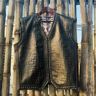 海外代购 手作哥特摩托车骑行鳄鱼压纹真皮黑色背心马甲 Jacket㊣