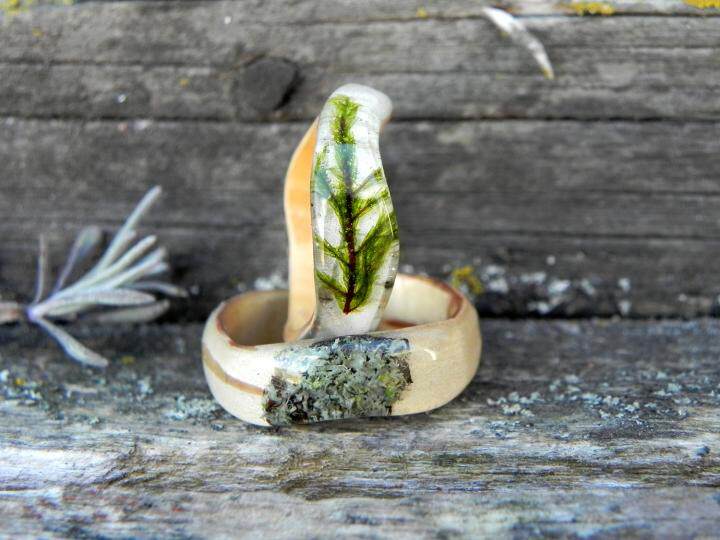 海外代购Wedding◇手作森林白桦树皮苔藓地衣森林轻木环木质戒指
