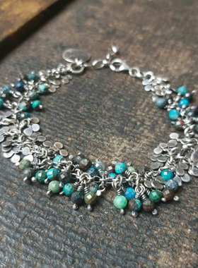 女纯银波西米亚孔雀石宝石手链