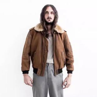 法国代购 古着锈棕色皮革可拆卸仿羊毛领飞行员夹克皮衣 Jacket㊣