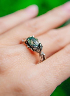 女纯银复古苔藓玛瑙宝石戒指镶嵌