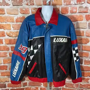 美国代购 古着收藏1990年代赛车皮革拼接夹克飞行员皮衣 Jacket㊣