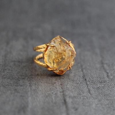 手作天然原石黄水晶925纯银戒指