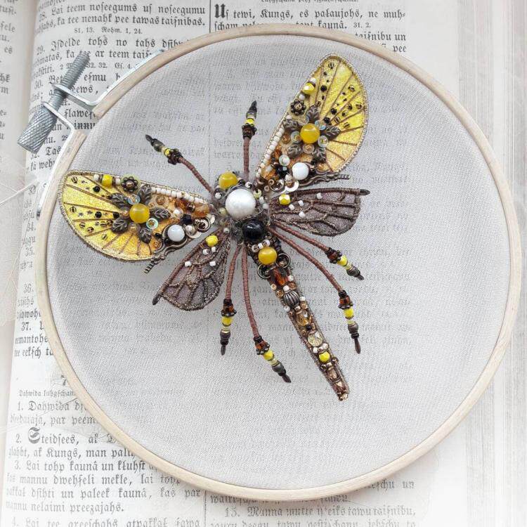 海外代购Dragonfly◇手作蜻蜓艺术黑玛瑙猫眼珠捷克水晶刺绣胸针