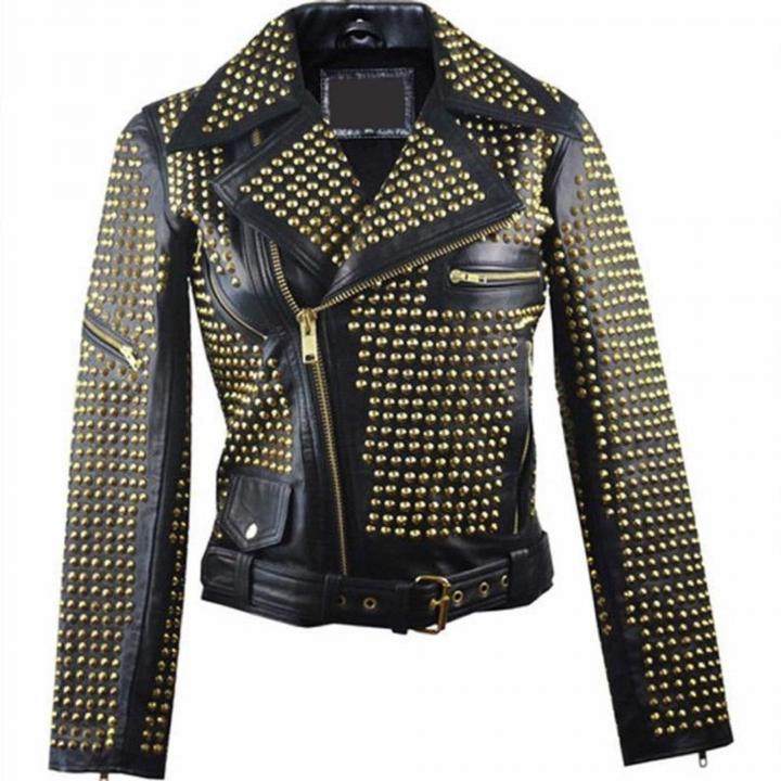 泰国代购Biker◇手作复古摇滚金色铆钉牛皮真皮男士机车夹克皮衣