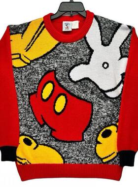 美国代购Sweater ▼古着 90 年代米奇米老鼠红色全身图案针织毛衣