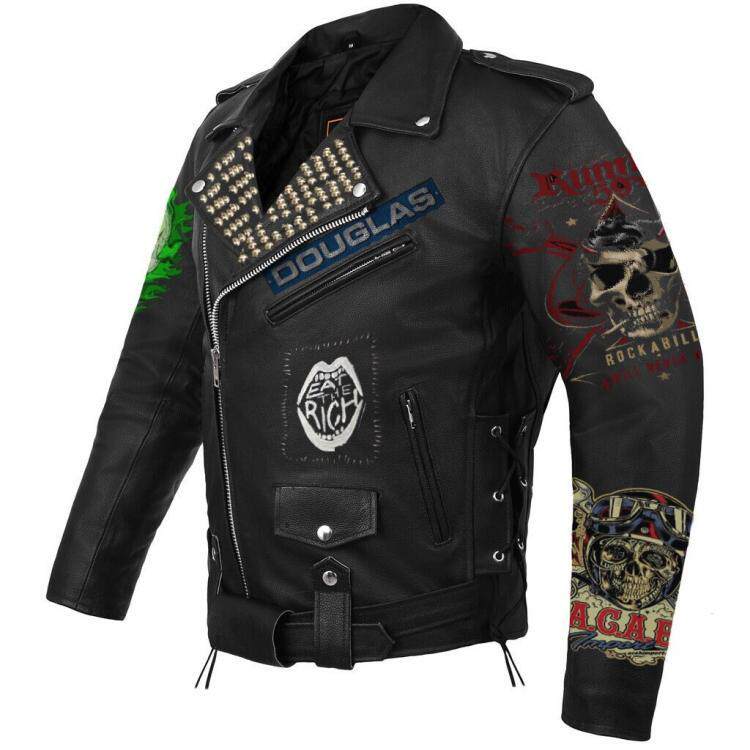 泰国代购Biker◇手作蒸汽朋克骷髅补丁牛皮铆钉男士肩章夹克皮衣