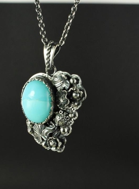 法国代购Necklace㊣ 手作华丽蓝色蛋白石复古纯银雕刻花朵项链
