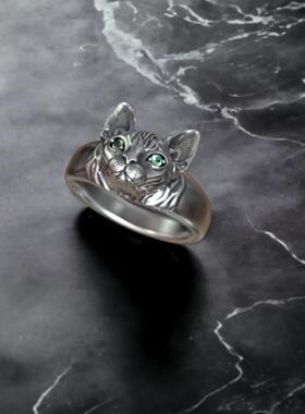 Quality㊣土耳其代购 手作迷人复古可爱猫设计蓝色宝石纯银戒指