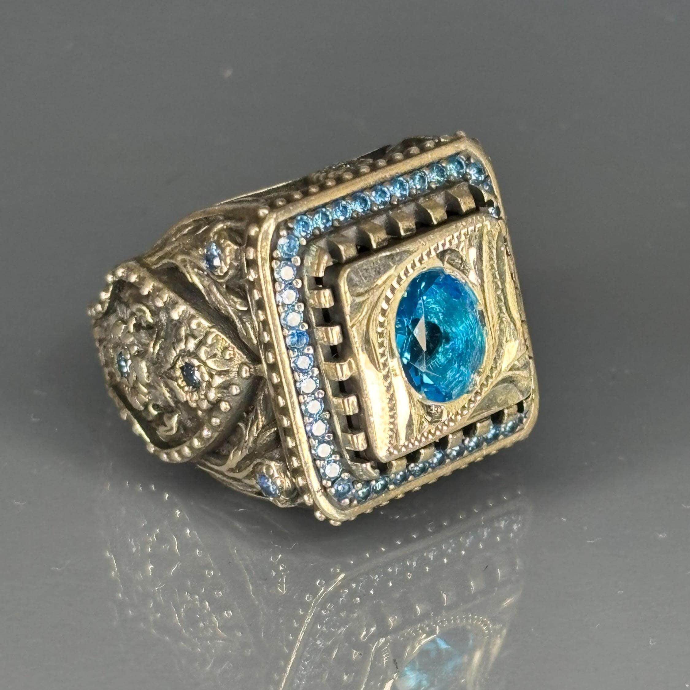 土耳其代购Ring㊣ 手作复古浮雕蓝色宝石戒指方形时尚个性指环