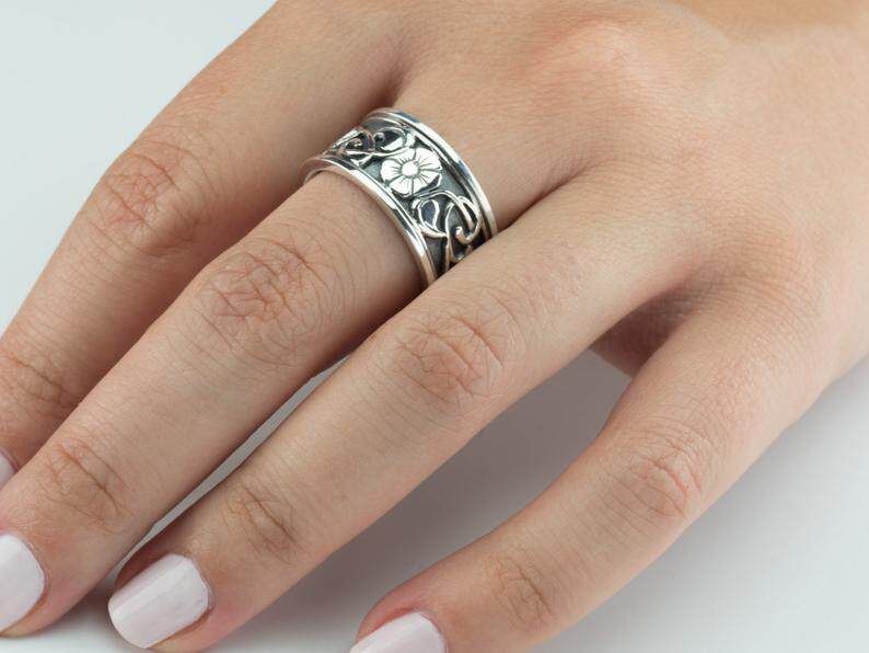 加拿大代购Floral◇手作复古花朵藤蔓交叉浮雕图案纯银结婚戒指