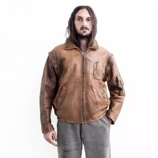 子摩托飞行员夹克皮衣 古着棕褐色皮革可拆卸袖 法国代购 Jacket㊣