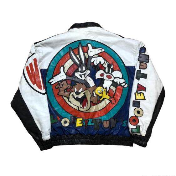 Jacket㊣德国代购 古着老式迷人卡通图案翻领皮革飞行员夹克皮衣