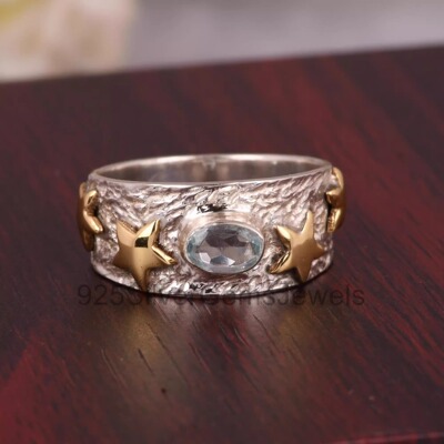 椭圆蓝色托帕石925纯银双色戒指