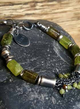 波兰代购Green◇手作复古绿色石榴石串珠银珠链条氧化纯银手链