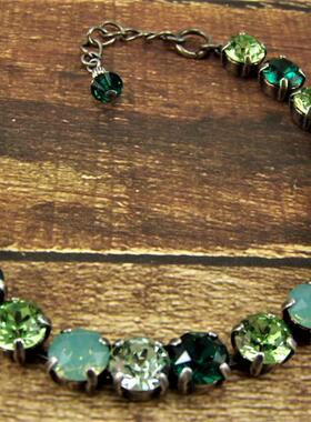 美国代购Crystal◇手作复古绿色奥地利橄榄石蛋白石水晶银色手链