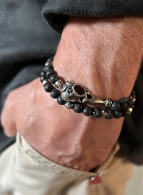 黑色熔岩串珠乌鸦骷髅纯银手链