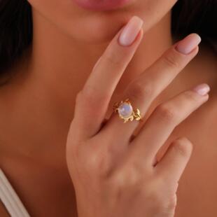 美国代购Jewelry㊣ 手作复古优雅精致纯银镀金树叶镶嵌月光石戒指