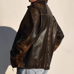 英国代购 手作仿旧棕色羊皮皮夹克超大号机车外套皮衣 Jacket㊣