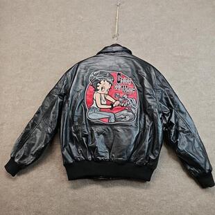 美国代购 古着黑色皮革抽象卡通机车图案夹克外套皮衣 Jacket㊣