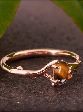 女复古天然虎眼石戒指镶嵌树枝