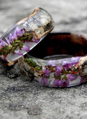 乌克兰代购Winter∞手作森系精美自然灵感桦木紫色石楠花树脂戒指