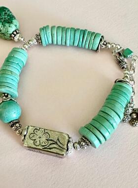 天然绿松石纯银花朵串珠手链