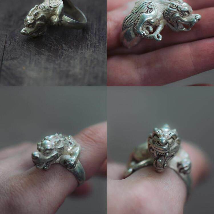Handmade㊣俄罗斯代购 手作迷人仿古藏式龙头雕刻质感藏银戒指