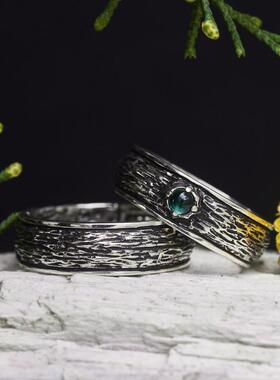 海外代购Wedding◇手作复古绿色碧玺宝石镶嵌纯银情侣对戒戒指