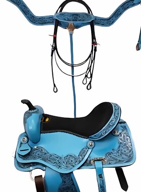 海外代购Saddle◎手作定制皮革笼头胸带缰绳西部蓝色马具马鞍套装